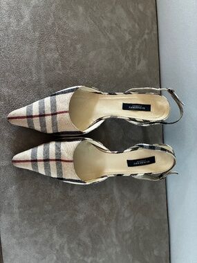 Burberry London Nova sling back kitten heel pumps.